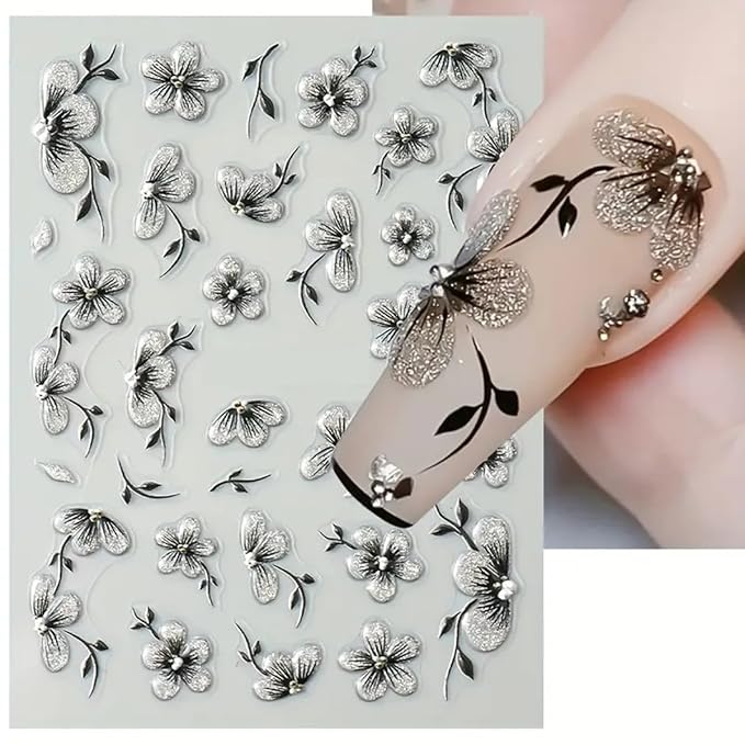Flower Nail Art Stickers Decals 5D Embossed Flowers Nail Decals Nail Art Supplies Watercolor Ink Floral Leaf Petal Design Summer Nails Adhesive Sliders Flower Stickers for Women Nail Art Decorations