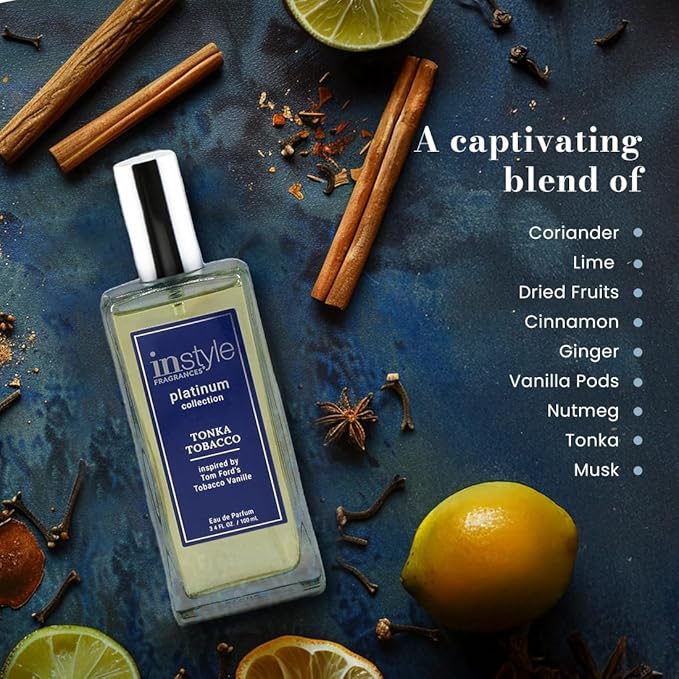 Instyle Fragrances, Platinum Collection, Tonka Tobacco, Inspired by Tom Ford's Tobacco Vanille, Unisex Eau de Parfum, CLEAN, Vegan, Paraben-Free, Never Tested on Animals, 3.4 Fluid Ounces