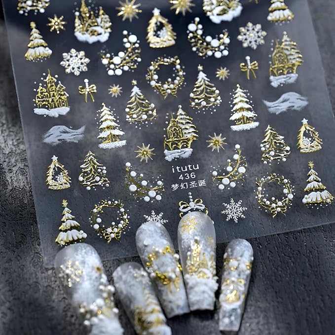 Christmas Nail Art Stickers 5D Embossed Xmas Tree Snowflake Nail Decals White Gold Christmas Nail Stickers for Nail Art Self Adhesive Holiday Nail Supplies Design for Women Girls