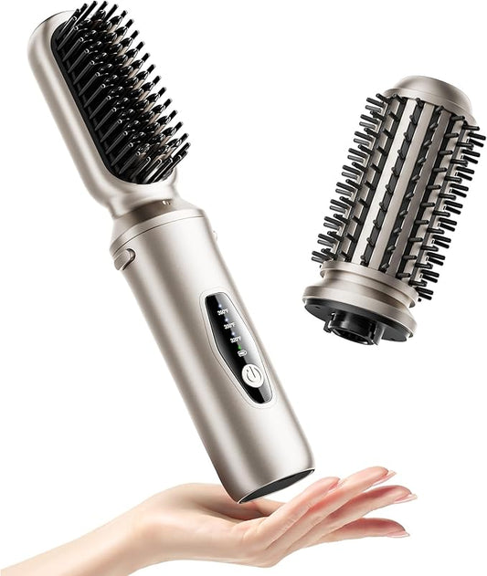 Cordless Hair Straightener Brush, 2 in 1 Curling & Straightening Brush with 200 Million Negative Ions, Mini Travel Hot Straightener Comb for Women, Fast Heating & Dual Voltage