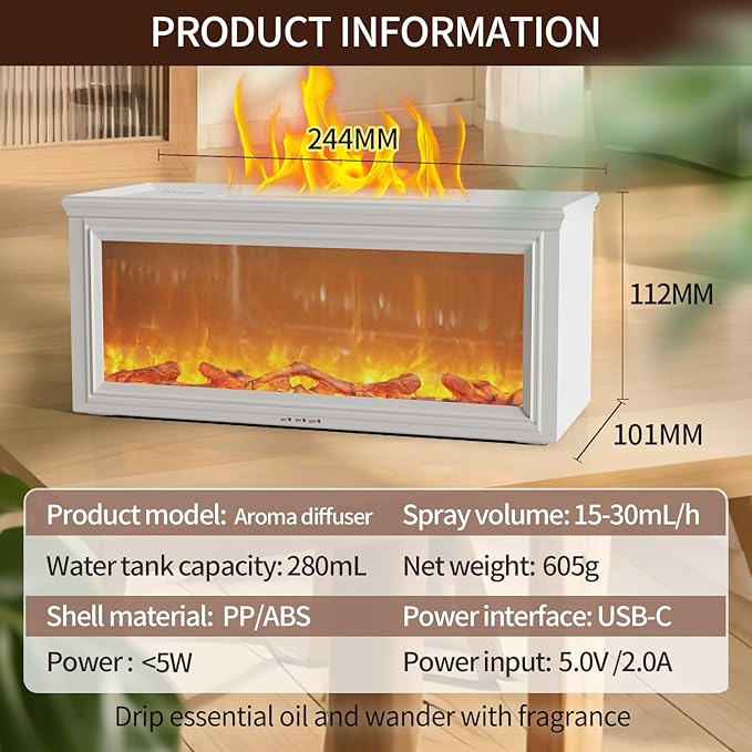 Fireplace Flame Air Aromatherapy Diffuser,7 Colors Aromatherapy Essential Oil Diffuser,280ml Ultrasonic Aroma Humidifier with Timer for Home,Bedroom,Office,Yoga (HY-05W)