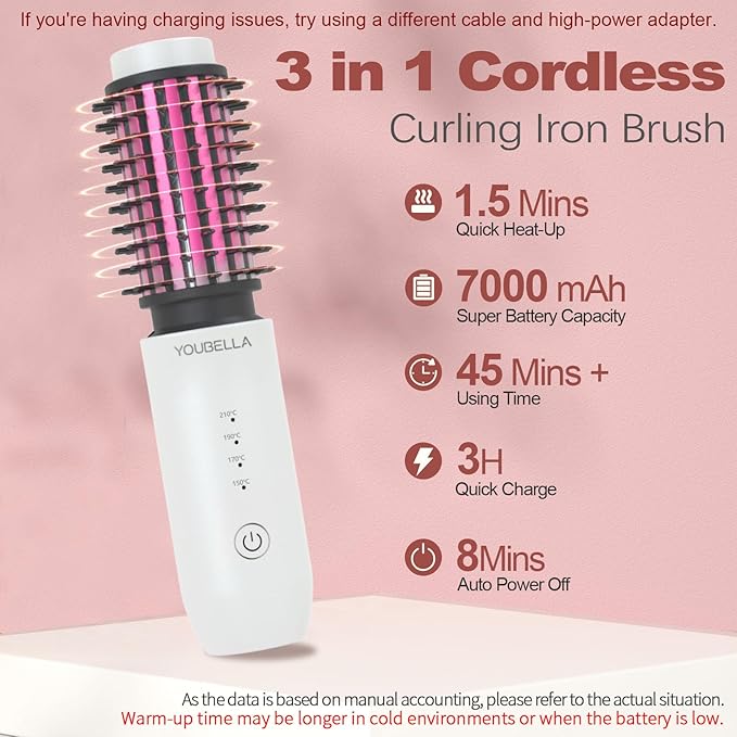 Youbella Cordless Hair Curling Iron Brush, Mini Travel Hot Straightener Comb, 3-in-1 Portable Wave Curling Wand, 1.5″ Ionic Heated Brush, USB Rechargeable Hair Curler, White – No Automatic Rotation