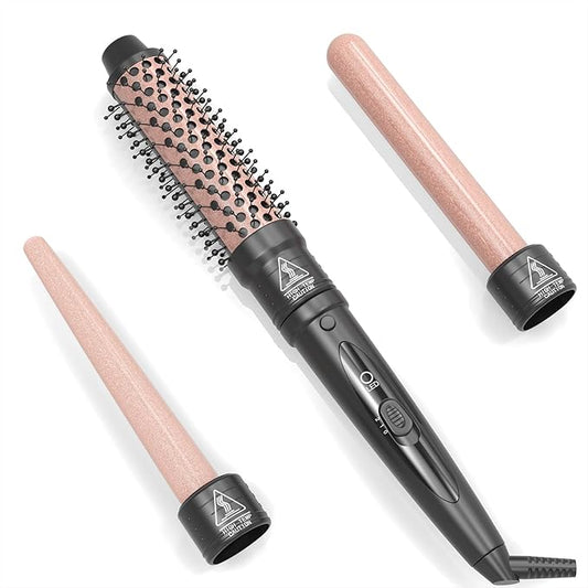 3-in-1 Curling Iron Set with Curling Brush, 3 Interchangeable Ceramic Curling Irons (0.5 "-1.5"), Dual Voltage 30 Second Rapid Heating, Heat-Resistant Gloves and 2 Clips