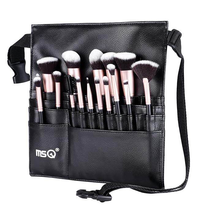 MSQ 23 Pockets Professional Cosmetic Makeup Brush Bag with Adjustable Artist Belt Strap Multi Pockets PU Leather Portable Cosmetic Brush Holder Organizer (Brush Not Included)