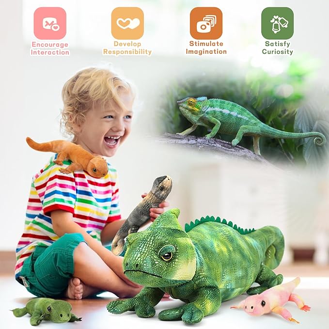 MorisMos Plush Lizard Stuffed Animals, 27'' Giant Mommy Chameleon Stuffed Animal with 4 Baby Lizard Toys for Kid Girl Boy, Realistic Large Iguana Mom, Cute Gecko Toys Gift for Kid Birthday Christmas