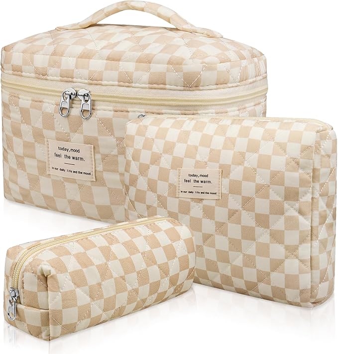 3pc Makeup Bag Set, Quilted Makeup Bag Set, Large Floral Cosmetic Bag for Women, Cute Cotton Makeup Bags, Flower Travel Toiletry Organizer Bag (Checkered)