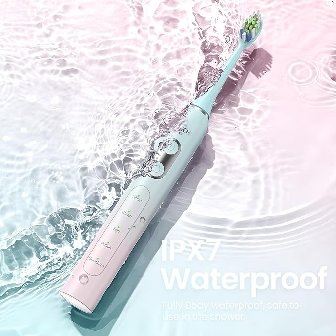 YUNCHI Sonic Electric Toothbrush for Adults & Kids, Rechargeable Battery Electric Toothbrush, 8 Brush Heads, 5 Modes, 44000 VPM Motor, 2 Min Smart Timer, IPX7 Waterproof, Travel Case, 90 Days-Gradient