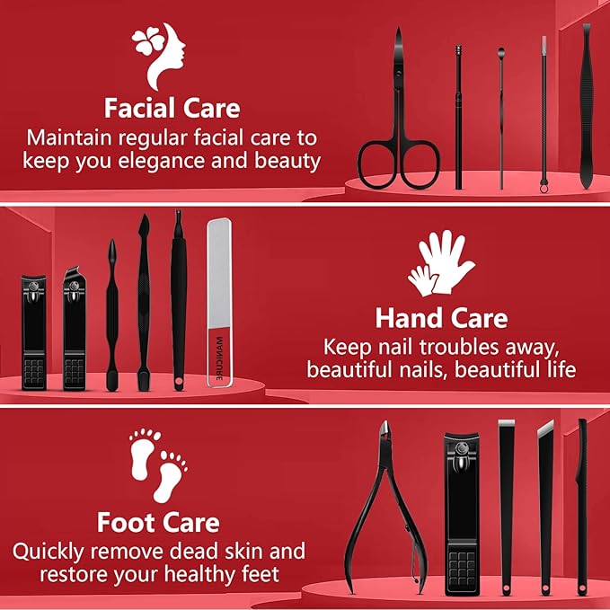 Manicure Set 16 In 1 Professional Stainless Steel Pedicure Kit Toenail Clippers Set Mens Grooming Kit Fingernail Kit for Women with Luxurious Travel Bag, Suitable for Home, Travel, and Salon (Black)