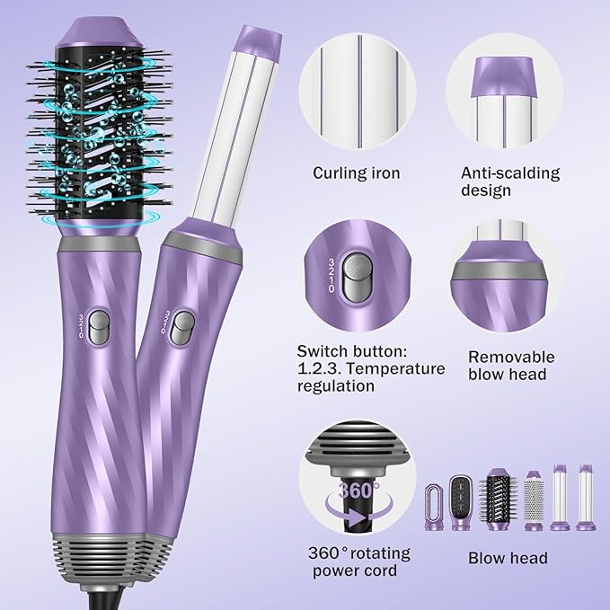 6 in 1 Hair Dryer Brush, Upgrade Detachable Blow Dryer Brush Air Styler Wrap Air Curler, Curly Twist Hot Curling Iron, Negative Ion Blow Dryer Hot Styler, Travel Hair Styling Tool