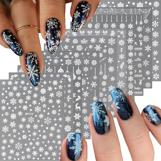 12 Sheets Christmas Nail Art Stickers 3D Holiday Stickers Self Adhesive Christmas Nail Decals Snowflake Art Supplies Decoration Accessories for Women & Girls