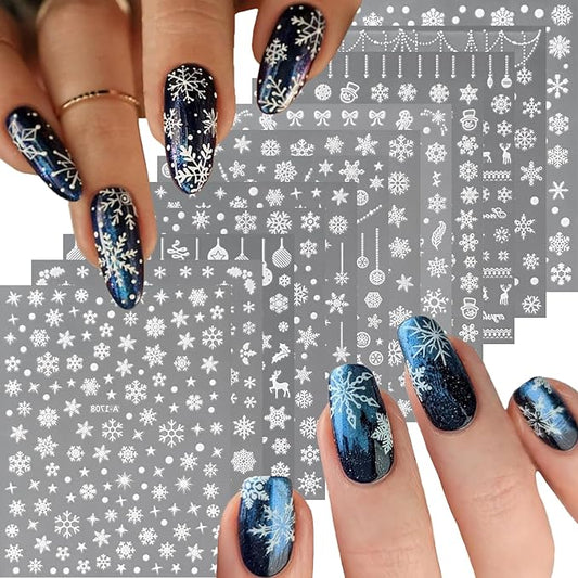 12 Sheets Christmas Nail Art Stickers 3D Holiday Stickers Self Adhesive Christmas Nail Decals Snowflake Art Supplies Decoration Accessories for Women & Girls