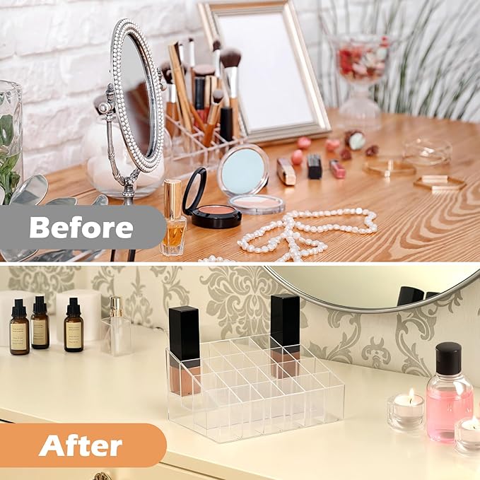 4 Pack Acrylic Lipstick Holder Organizer, 24 Slot Clear Lip Gloss Holder, Lipstick Display Stand for Lipsticks, Lip Balms, Makeup Brushes & Nail