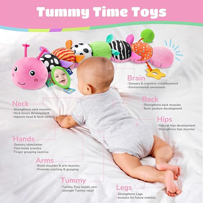 Baby Toys 6-12 Months Music Caterpillar Infant Toys Stuffed Animals 0-3-6 Months Teething Tummy Time Sensory Toys with Mirror Rattle&Pull String for Boys Girls Birthday Gifts|Candy Pink,Leafy