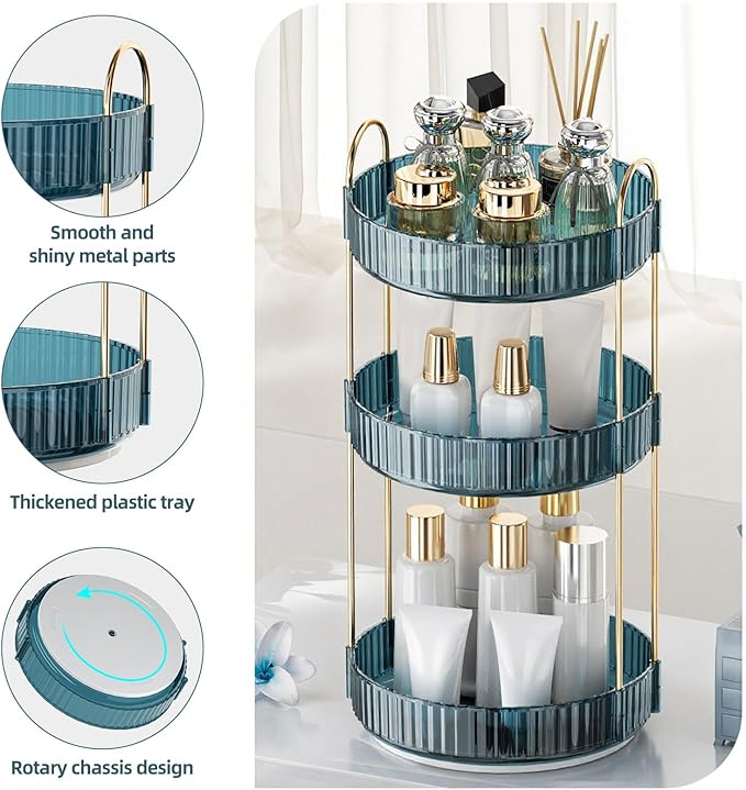 360° Rotating Makeup Organizer, Bathroom Organizers and Storage Holder Rack, Large Capacity Vanity Shelf Countertop, Fits Cosmetics, Perfume, Skin Care(Blue, 3 Tiers)