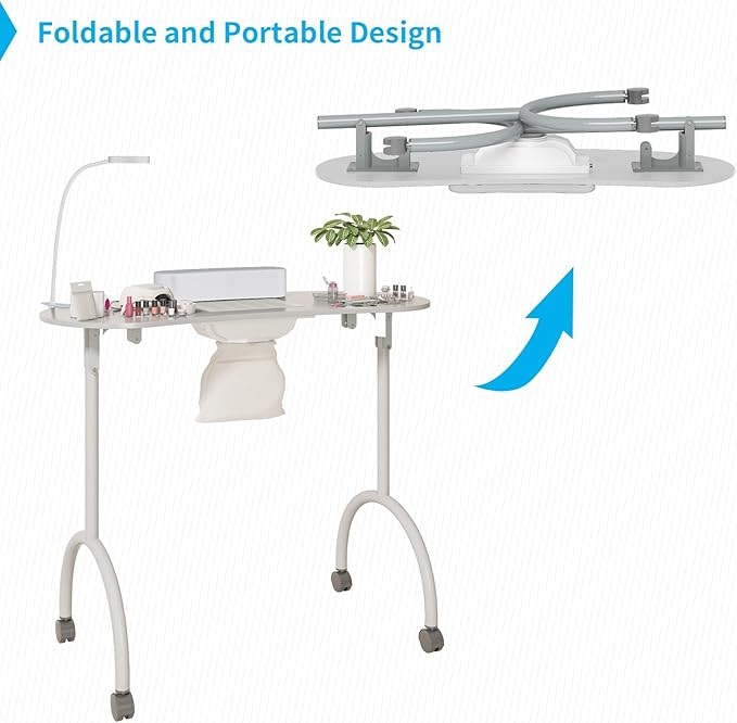 TABU Portable Manicure Nail Table, Foldable Manicure Table with Dust Collector Fan, LED Lamp, 4 Lockable Wheels and Carry Bag, Professional Nail Desk with Wrist Cushion (White)