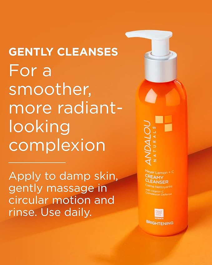 Andalou Naturals Brightening Meyer Lemon + Vitamin C Creamy Cleanser | Gentle Face Wash to Even Tone & Boost Glow | Aloe Vera & Natural Ingredients | For Dull Skin | 6 oz