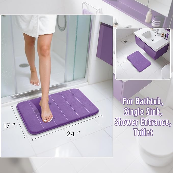 Yimobra Memory Foam Bath Mat, Super Soft Absorbent Bathroom Rug Non Slip, Quick Dry, Machine Washable Floor Carpet for Tub Shower, Home Decor Accessories, 24x17, Lavender