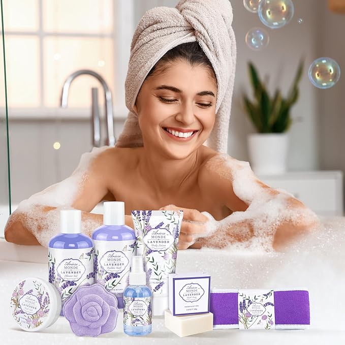 Gift Baskets for Women, Lavender Gift Sets for Women Self Care Spa Gift Basket Includes Body Lotion, Shower Gel, Bubble Bath, Relaxing Gifts For Her, Mom, Sister, Birthday & Christmas Gifts