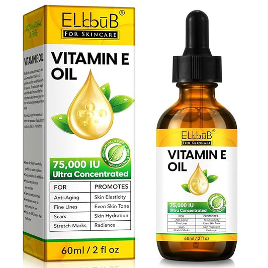 ELBBUB Vitamin E Oil - 75,000 IU Ultra Concentrated - Moisturizes, Fades Scars & Stretch Marks, Anti-Aging & Skin Hydration - for Face, Body, Hair, and Nails