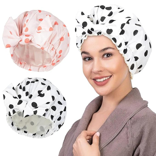 2Pcs Shower Caps for Women Shower Cap Reusable Waterproof Hair Cap for Shower with Adjustable Bowknot Luxury Bath Cap for Women (Black Dot & Pink Dot)