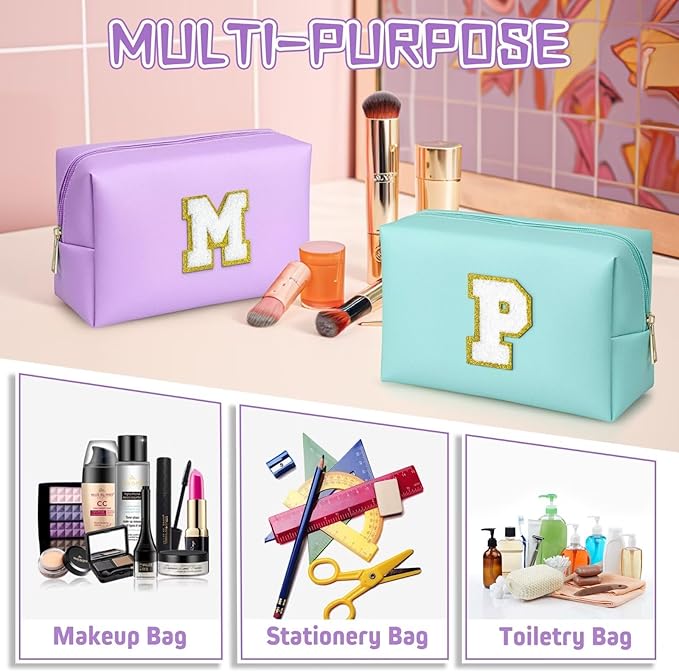 TOPEAST Small Makeup Bag Initial Cosmetic Bag Travel Toiletry Bag, Personalized Birthday Gift for Mom Sister Friends Teacher Nurse, Preppy Travel Stuff for Girls (Purple O)