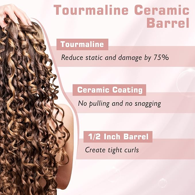 1/2 inch Curling Iron for Short Hair, Dual Voltage Hair Curling Iron Ceramic, Professiona Curling Wand Tourmaline(Rose Gold)