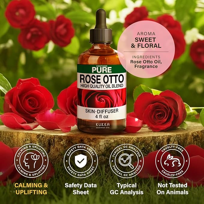 KUKKA Rose Otto Essential Oils - 4 Fl Oz - for Hair, Skin, Diffuser, Aromatherapy & DIY Soap Making Scent