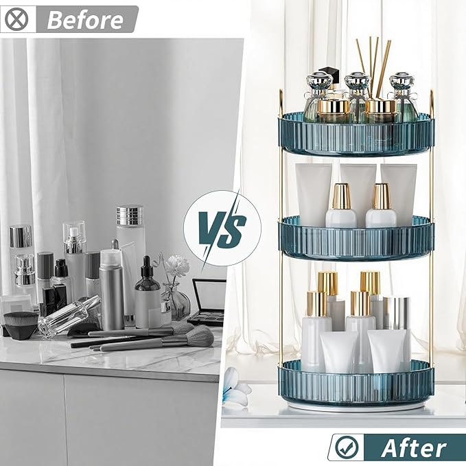 360° Rotating Makeup Organizer, Bathroom Organizers and Storage Holder Rack, Large Capacity Vanity Shelf Countertop, Fits Cosmetics, Perfume, Skin Care(Blue, 3 Tiers)