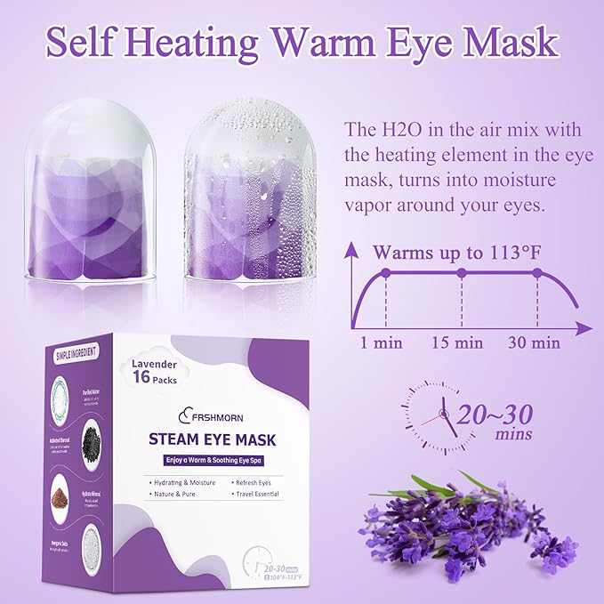 16 Packs Steam Eye Mask, Heated Eye Mask for Sleeping, Warm Compress for Eyes, Self Heating Disposal Steam Mask for Home Sleep, Office, Spa, Travel Essentials Stocking Stuffers (Lavender)