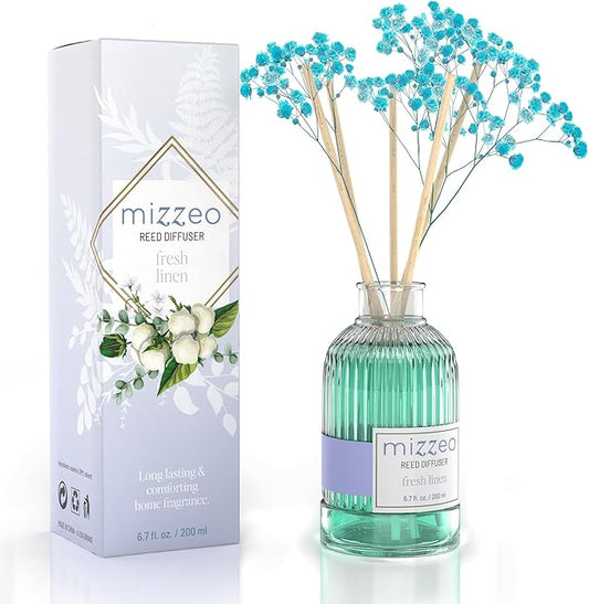 MIZZEO Reed Diffuser Set, Clean Linen 6.76 fl oz Highly Scented Room Diffuser Home Fragrance Essential Oil Reed Flower Diffuser, House Bedroom Office Decor & Gifts