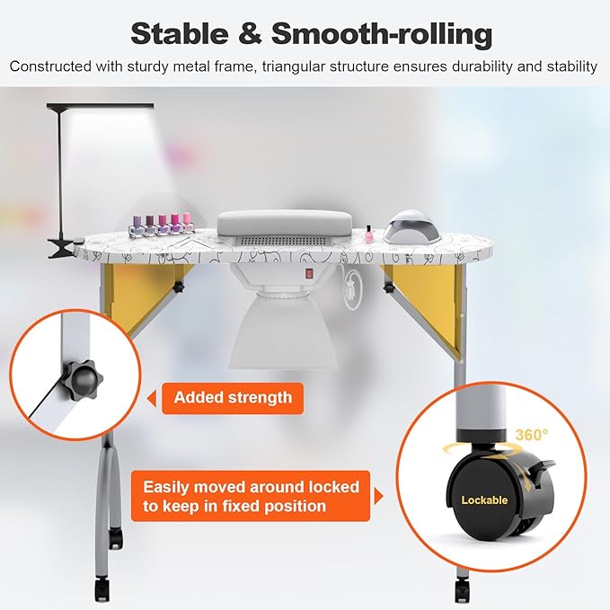 Portable Nail Table for Nail Tech on Wheels, Foldable Professional Manicure Table Travel Nail Desk with LED Lamp/Dust Collector/3 Dust Bags/Wrist Cushion/Storage Bag, White