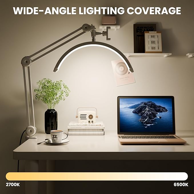 3000 Lm Adjustable LED Half Moon Light with Clamp & Task Lamp - Bright, Dimmable Lighting for Office, Crafts, Nails &Salon, Remote Control (CCT，White)