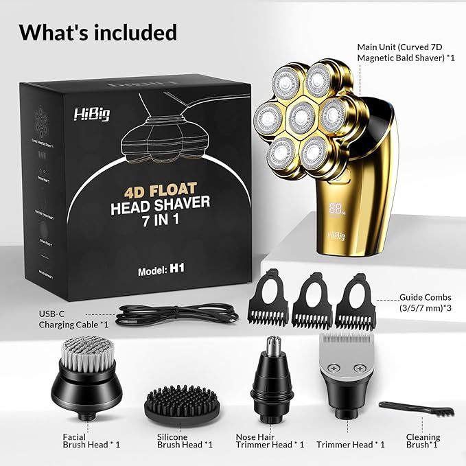 Head Shavers for Bald Men - 7D Arc Electric Razor with Magnetic Detachable Head, Waterproof Wet Dry 5-in-1 Electric Shaving & Grooming Kit, LED Display Rechargeable Head & Body Hair Shaver, Gold