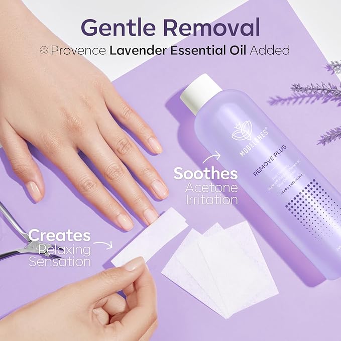 Modelones Acetone Nail Polish Remover, Gel Polish Remover with Jojoba Oil Gentle Professional Soak Off Removal for Press On Nails Glue Acrylic Dip Powder Nail Care Gift for Women 8 Fl Oz, Lavender