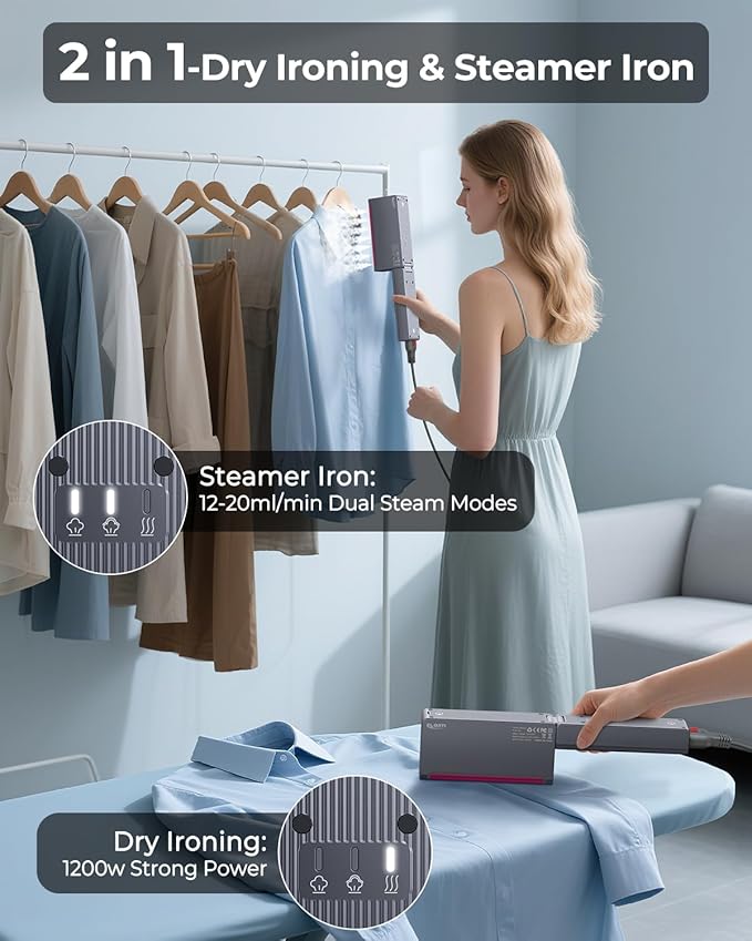 Travel Steamer Dual Voltage (110-220V), 2-in-1 Portable Steamer & Iron, 1200W, 15s Fast Heat-Up, Foldable Travel Size with Pluggable Cable, 110ml Tank for Home, Europe & Global Use