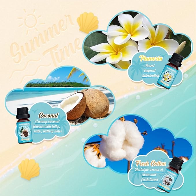 Summer Essential Oils Set, ARVIDSSON Tropical Fragrance Oil for Candle Making, Diffuser Scented Oil - Ocean Breeze, Pina Colada, Fresh Cotton, Pink Island, Plumeria, Coconut