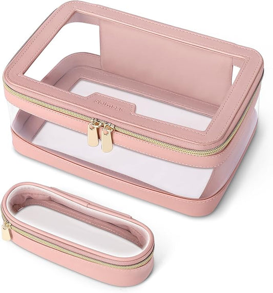 Travel Clear Makeup Bag with Makeup Brush Bag, Leather Makeup Case Toiletry Bag, Portable Cosmetic Bag Case, Transparent Waterproof Cosmetic Organizer Storage Bag for Women, Pink