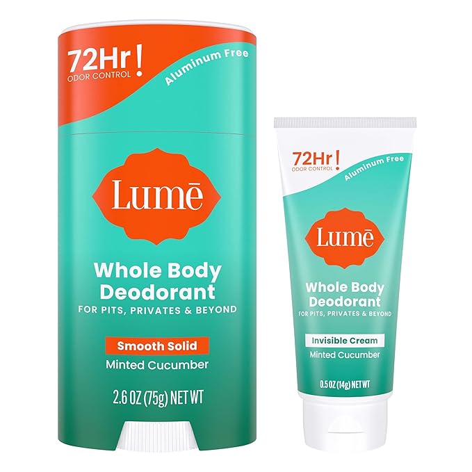 Lume Whole Body Deodorant - Invisible Cream Tube Mini and Solid Stick - 72 Hour Odor Control - Aluminum Free, Baking Soda Free, Skin Safe - 0.5 Oz Mini Tube + 2.6 Oz Solid Stick (Minted Cucumber)