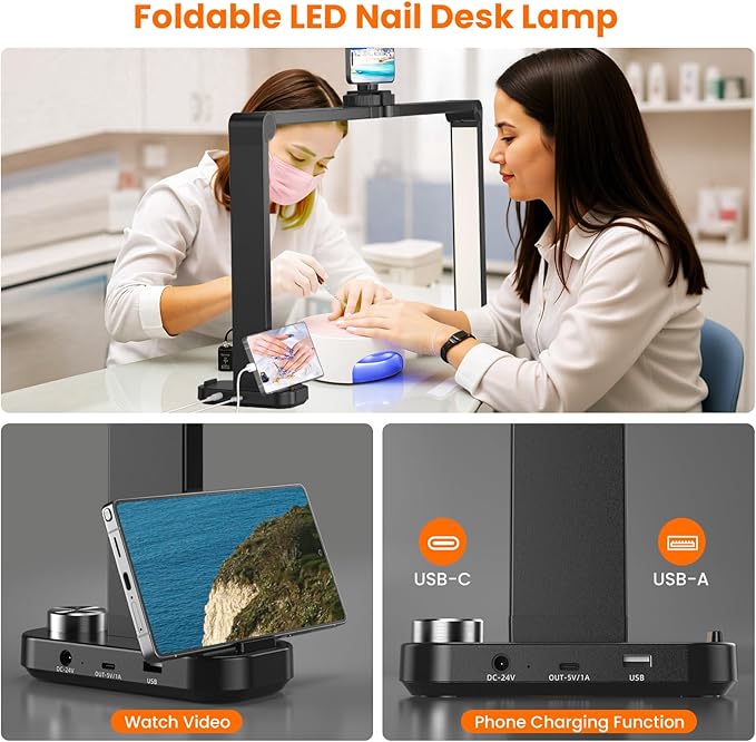 Nail Light for Desk,34 Inch 48W Half Moon Light-Adjustable 3000K-6000K Color Temp, 0-100% Brightness,Nails lamp with Phone Stand,for Nails Art,Tattoo,Eyebrow,Beauty,Reading,Salon