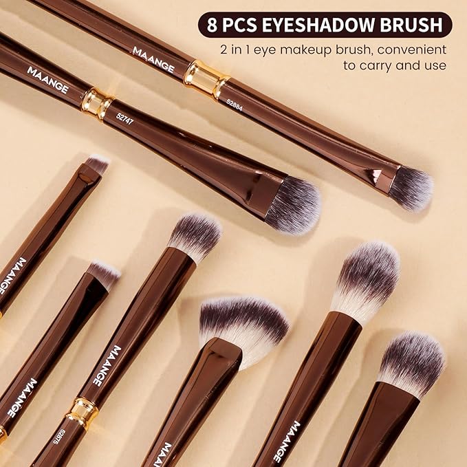 MAANGE 13Pcs Makeup Brushes with Case, Professional Brochas De Maquillaje for Face & Eyes, Soft Synthetic Foundation Powder Blush Eyeshadow Brush Kit with Gift Box,CoffeeBrown