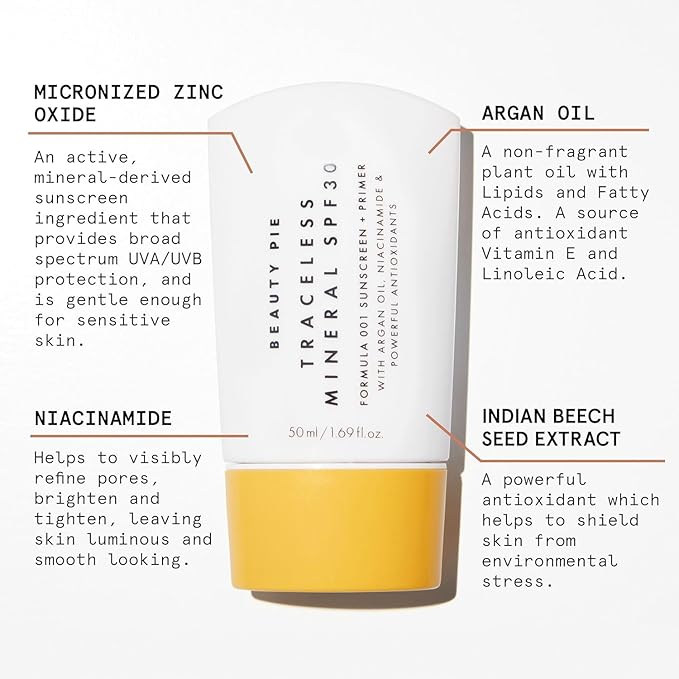 Beauty Pie Traceless Mineral Sunscreen + Primer SPF 30, 1.69 fl oz (50 ml) – Invisible Mineral Protection with Niacinamide, Argan Oil & Antioxidants