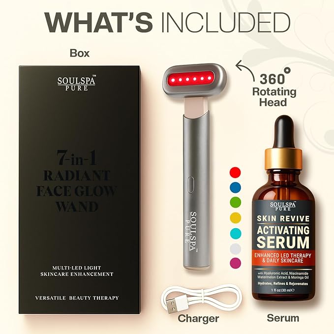 7 in 1 LED Light Wand for Face, Neck & Eye – Silver with Activating Serum | Multifunctional Skincare Tool for Home Use