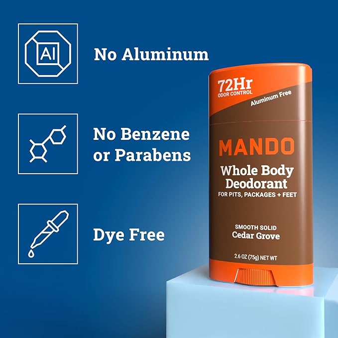 Mando Whole Body Deodorant For Men - Smooth Solid Stick - 72 Hour Odor Control - Aluminum Free, Baking Soda Free, Skin Safe - 2.6 Ounce (Pack of 2) - Cedar Grove