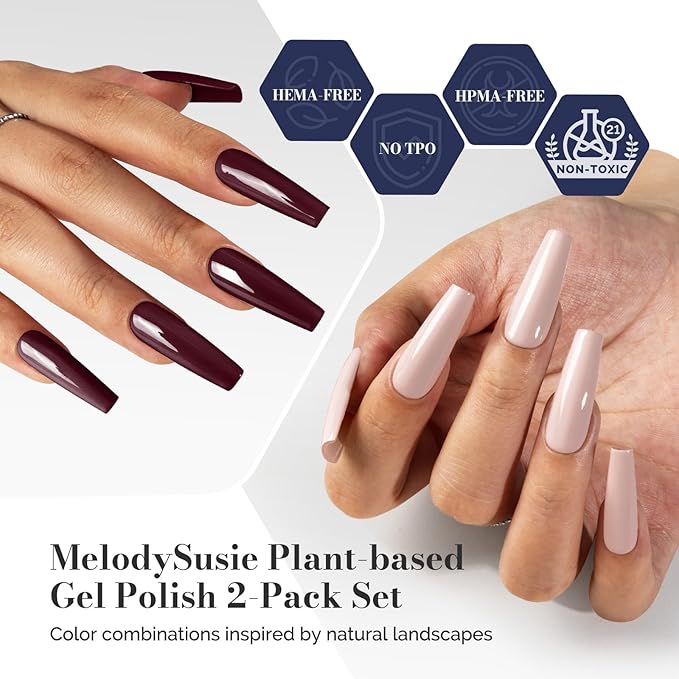 MelodySusie Fleurwee Plant Based Gel Nail Polish, 2 Pcs Hema Free Gel Polish Red Brown and Nude Pink Nail Polish 21 Non Toxic Long Lasting Nail Art Salon DIY Manicure at Home Gift for Women