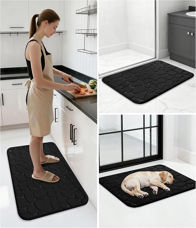 YIHOUSE Memory Foam Runner Rug, Cobblestone Bathroom Runner Rugs Super Water Absorbent Bath Mats for Bathroom Machine Washable Bath Rugs for Hallway Bedroom Laundry Room(20 x 47,Black)