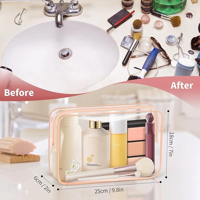 TISRATOK 12 PCS Clear Makeup Bag for Women with Zipper, TSA Approved Toiletry Pouch, Cosmetic Bag Bulk for Travel Organizer Essentials - Orange-pink, Large