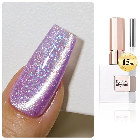 Double Rhythm 0.5 OZ Cat Eye Gel Polish with Magnet 15ML Holographic Glitter Shimmer Translucent Jelly Color Magnetic Gel Polish Salon DIY at Home (Rainbow Purple-MC1011)