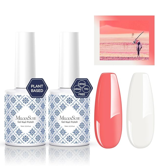 MelodySusie Fleurwee Plant Based Gel Nail Polish, 2 Pcs Hema Free Gel Polish Milky White and Coral Orange Nail Polish 21 Non Toxic Long Lasting Nail Art Salon DIY Manicure at Home Gift for Women