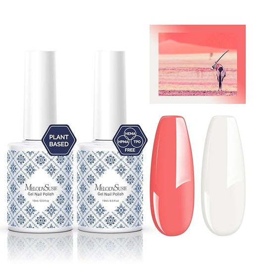 MelodySusie Fleurwee Plant Based Gel Nail Polish, 2 Pcs Hema Free Gel Polish Milky White and Coral Orange Nail Polish 21 Non Toxic Long Lasting Nail Art Salon DIY Manicure at Home Gift for Women