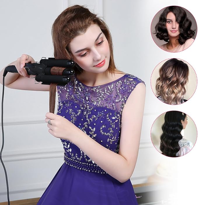 3 Barrel Curling Iron Hair Crimper Waver Iron with LCD Temperature Display - 1 Inch Ceramic Tourmaline Triple Barrels Waver Curling Wand, Dual Voltage